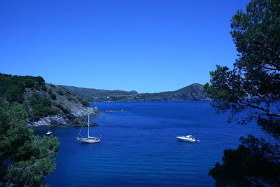 Scenic view of sea against clear blue sky