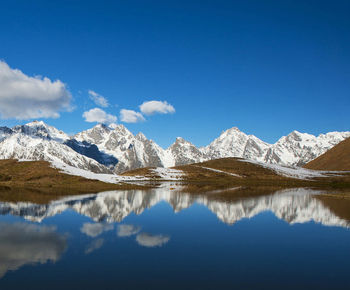 Scenic view of lake and snowcapped mountains against sky