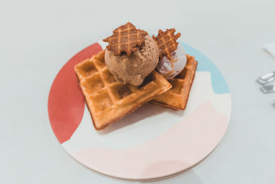 Close-up of ice cream waffles in plate