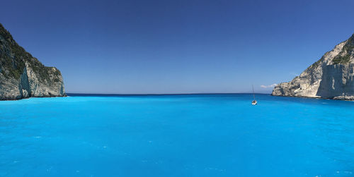 Scenic view of sea against clear blue sky