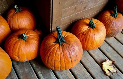 High angle view of pumpkin pumpkins on wood during autumn