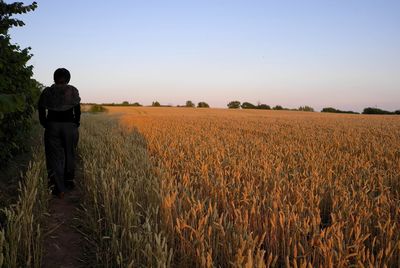 Rear view of woman standing on field against sky