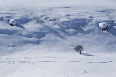 Aerial view of snow covered land