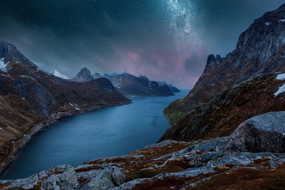 The landscape view of senja island from mountain keipen in norway by night