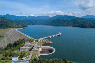 High angle view of bay against sky