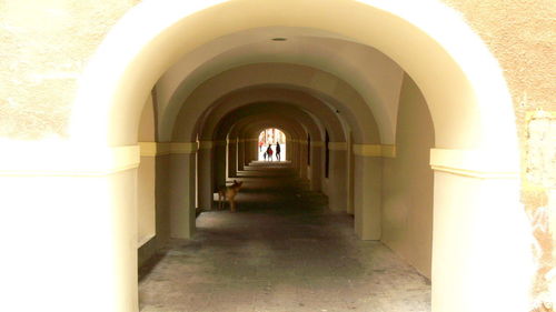 Rear view of man walking in corridor