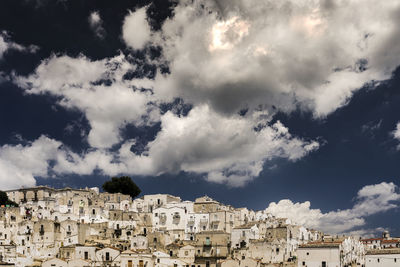 Low angle view of buildings in town against sky