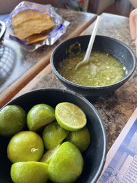 High angle view of fruits in bowl on table