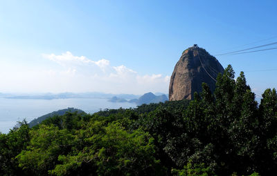 Scenic view of trees and mountains against sky