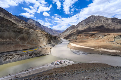 Scenic view of lake and mountains against sky