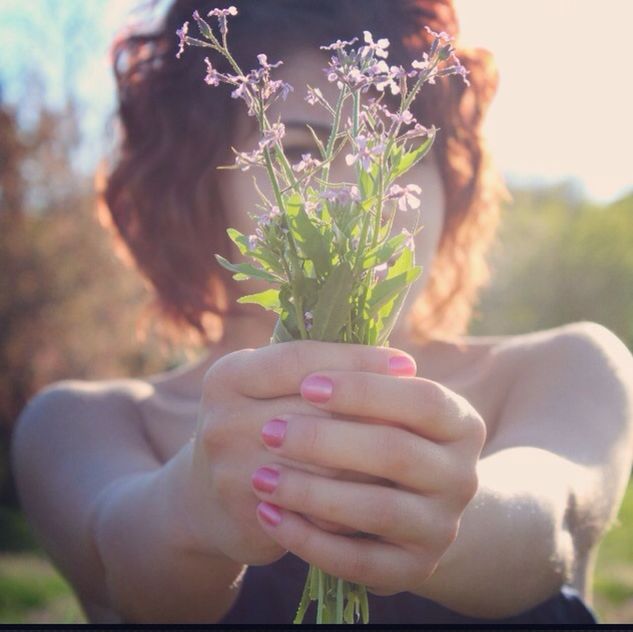 person, holding, focus on foreground, lifestyles, leisure activity, part of, cropped, close-up, human finger, flower, tree, plant, day, freshness, men, unrecognizable person