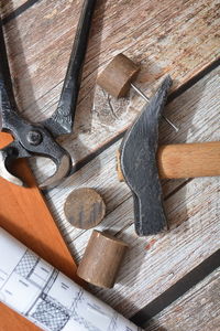 High angle view of tools on table