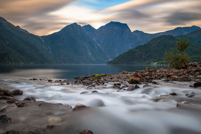 Scenic view of lake against cloudy sky