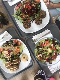 High angle view of meal served on table