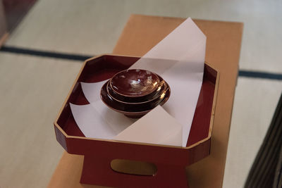 High angle view of eyeglasses on table
