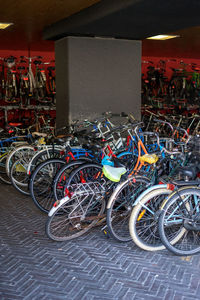 Bicycles parked on street in city