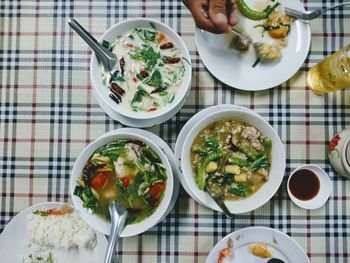 High angle view of breakfast served on table