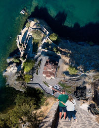 High angle view of people at historic building