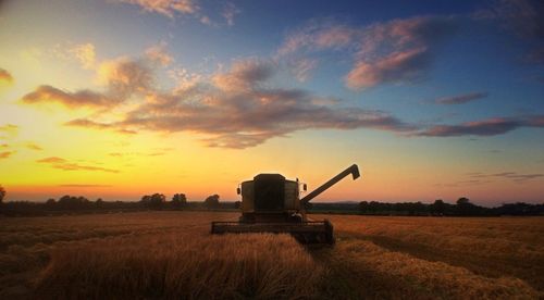 Scenic view of field against cloudy sky at sunset