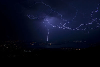 Lightning over landscape at night