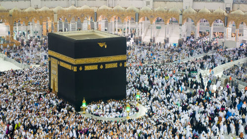 High angle view of people in front of building