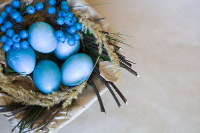 High angle view of eggs on table