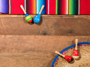 High angle view of multi colored pencils on table