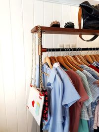 Close-up of clothes hanging on store
