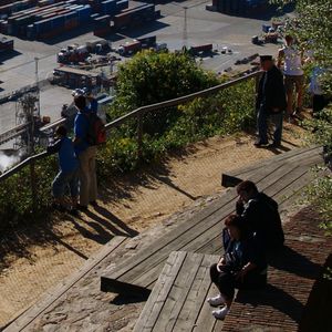 High angle view of people on street