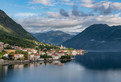 Scenic view of lake by buildings against sky