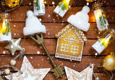 Directly above shot of christmas decorations on table