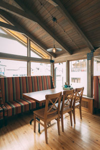 Empty chairs and tables in restaurant