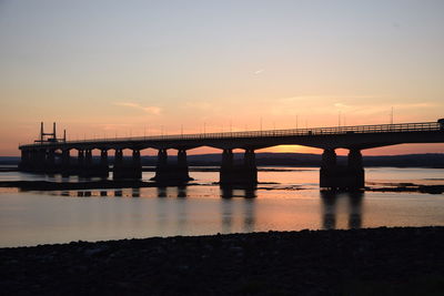 Silhouette bridge over river against sky during sunset