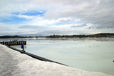 Scenic view of lake against sky during winter
