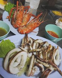 High angle view of seafood in plate on table