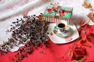 High angle view of coffee cup on table