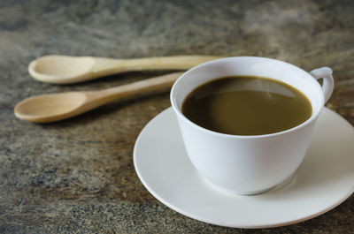 High angle view of tea cup on table