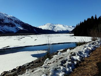 Scenic view of frozen lake against clear blue sky