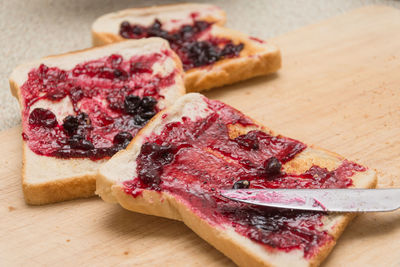 Close-up of jam on breads at table