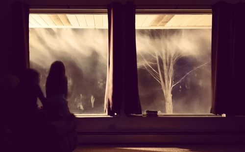 Rear view of silhouette woman looking through window