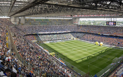 High angle view of people on soccer field