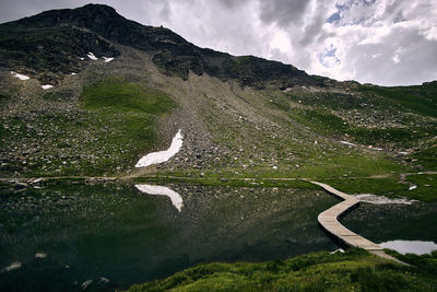 Scenic view of lake by mountain against sky