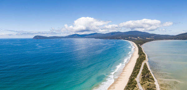 Aerial view of the neck, an isthmus connecting north and south bruny island in tasmania, australia