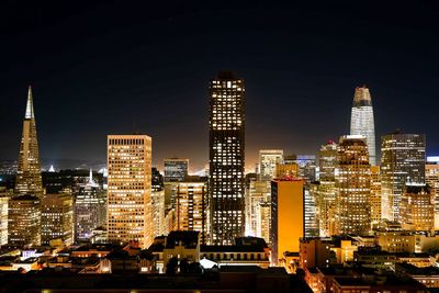 View of city lit up at night