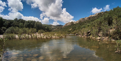 Scenic view of lake and mountains against sky
