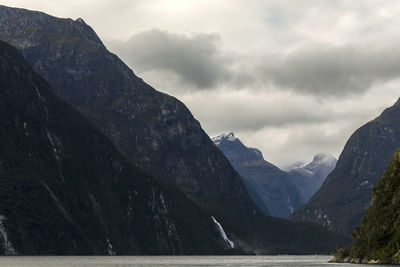 Mountain view and water fall of milford sound new zealand