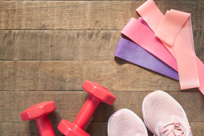 High angle view of multi colored shoes on table