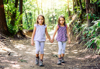 Full length portrait of happy girl standing on tree