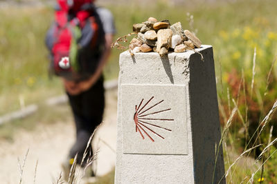 Close-up of person on cross on field