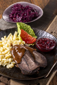 High angle view of meal served on table